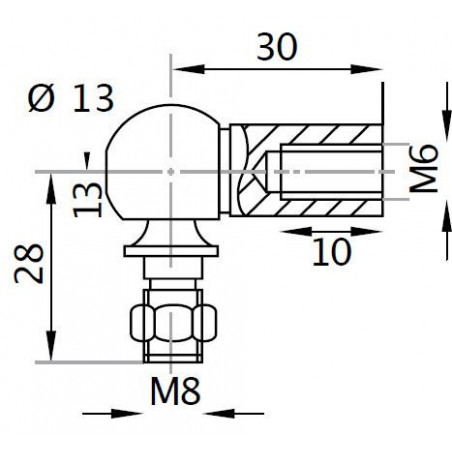 Kulový kloub k plynové vzpěře BM, M8x13, c:30mm, pro závit M6, ocel