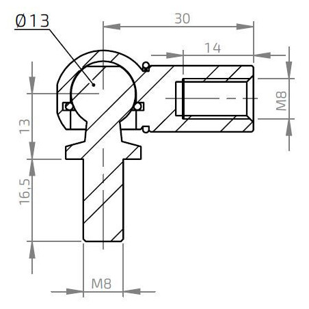 Kulový kloub k plynové vzpěře BM, M8x16, c:30mm, pro závit M8, ocel