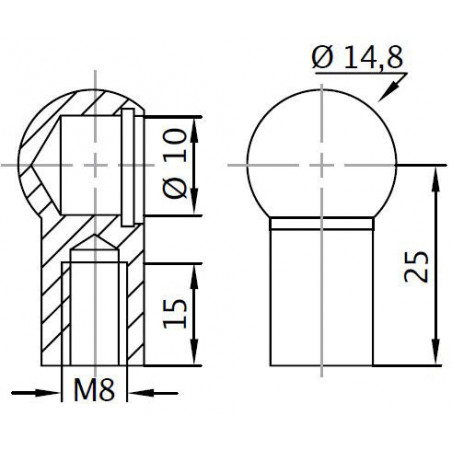 Pouzdro kulového kloubu k plynové vzpěře BM, c:25mm, pro závit M8, ocel